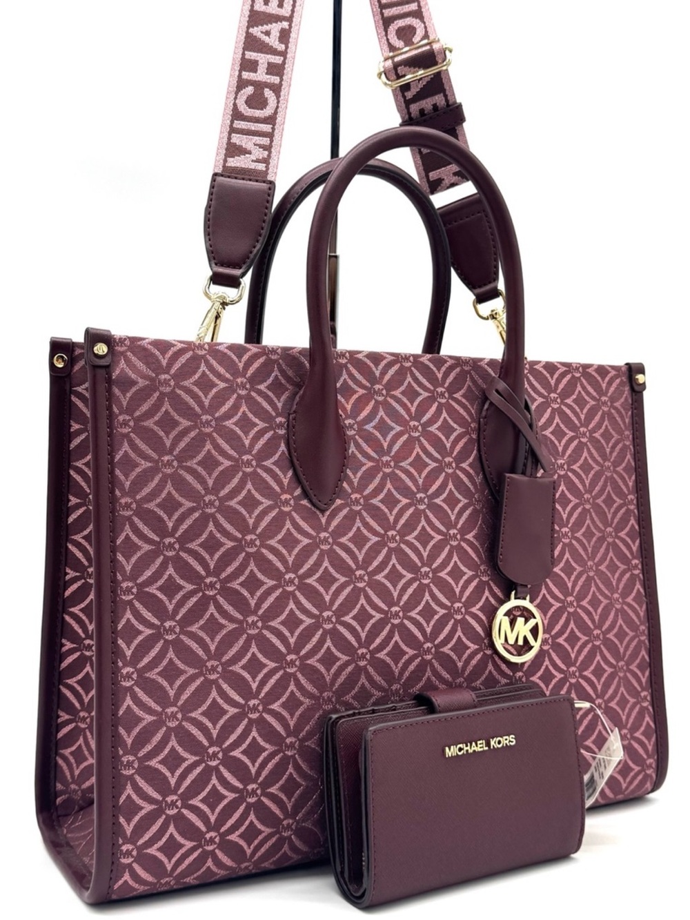 Michael Kors Medium Mirella Tote Bag & Matching Bifold Zip Chain Wallet Ox Blood